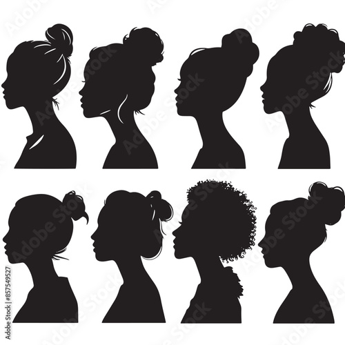 Woman heads in profile Beautiful female faces profiles black silhouette outline vector set