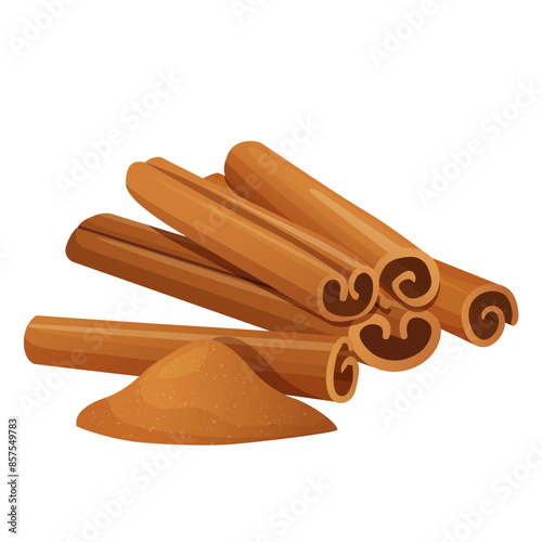Cinnamon sticks with sinnamon powder isolated on white background.

