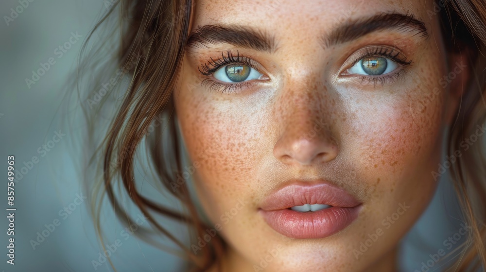 A stunning close-up portrait captures a woman with captivating blue eyes, flawless skin, and beautiful freckles, radiating natural elegance and beauty. A stunning close-up portrait captures a woman with captivating blue eyes, flawless skin, and beautiful freckles, radiating natural elegance and beauty.