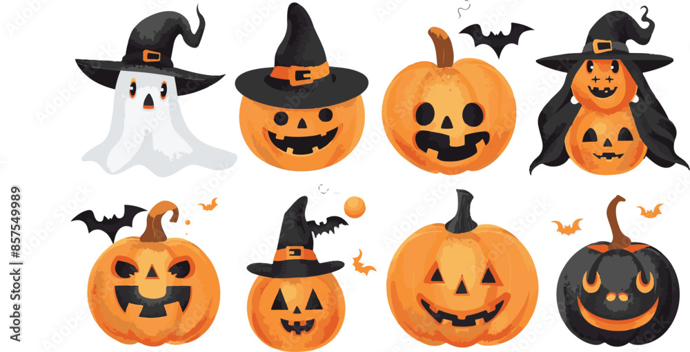 Fototapeta premium Halloween illustration with pumpkins witches bats and decor elements Sticker set of halloween