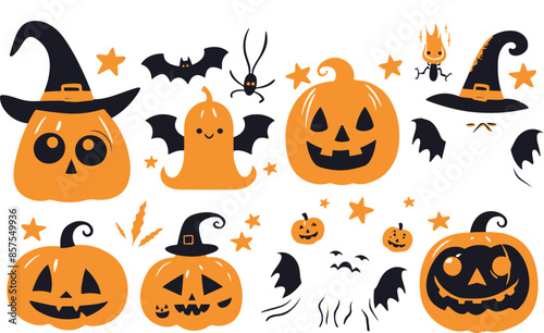 Halloween illustration with pumpkins witches bats and decor elements Sticker set of halloween
