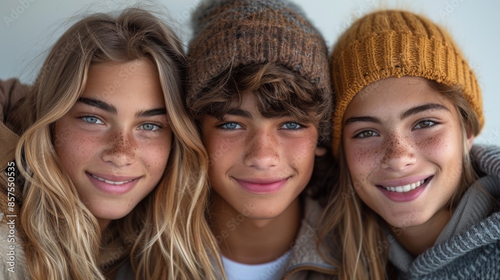 Three smiling siblings, wearing cozy winter hats, pose together, showcasing their strong family bond, happiness, and the warmth of the winter season. Three smiling siblings, wearing cozy winter hats, pose together, showcasing their strong family bond, happiness, and the warmth of the winter season.