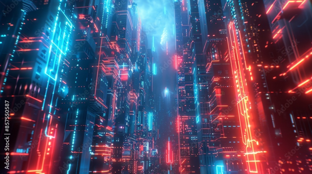 Naklejka premium Futuristic Cyberpunk Cityscape with Neon Lights, Generative AI