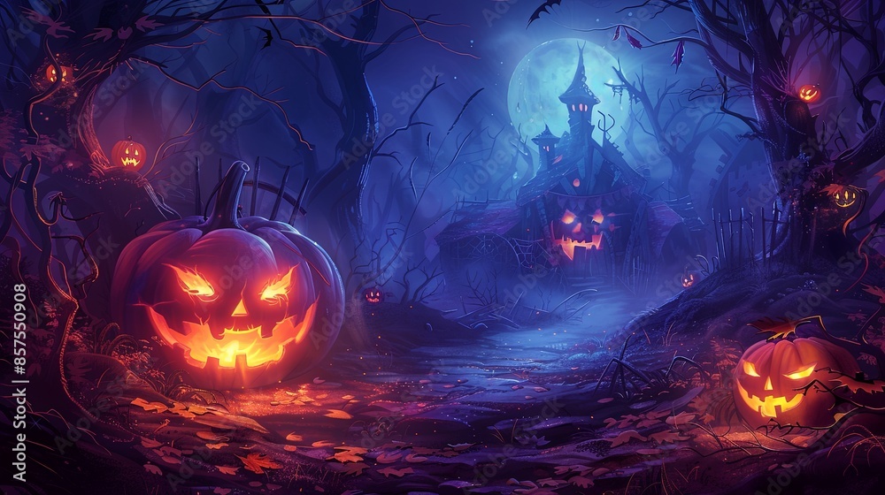 A dark, foreboding path lined with pumpkins leading to a ghostly house under a bright, full moon, casting an eerie glow, making it perfect for a Halloween night scene. A dark, foreboding path lined with pumpkins leading to a ghostly house under a bright, full moon, casting an eerie glow, making it perfect for a Halloween night scene.