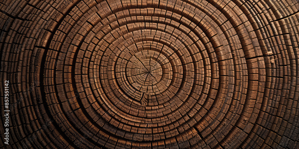 Fototapeta premium Cut wood background. Detailed texture of a felled tree trunk or stump. Rough organic tree rings with end grain.