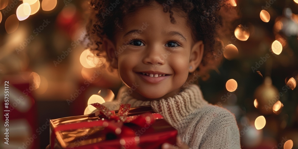 In a festive holiday setting, a joyful child holds a Christmas gift, spreading charm and cheer. The cozy atmosphere is filled with genuine joy and happy moments, creating a warm and loving vibe In a festive holiday setting, a joyful child holds a Christmas gift, spreading charm and cheer. The cozy atmosphere is filled with genuine joy and happy moments, creating a warm and loving vibe