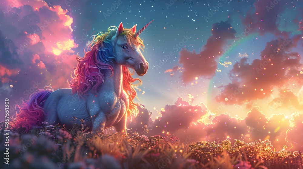Obraz premium Magical Unicorn in a Field of Flowers at Sunset.