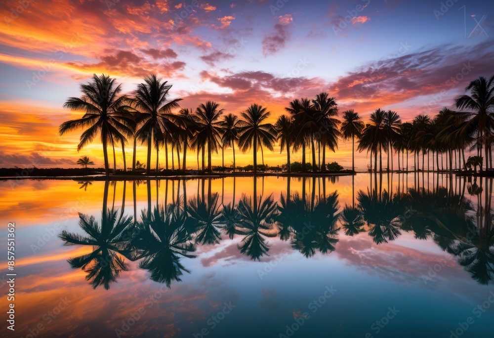 tranquil lagoon reflecting palm trees, blue, tropical, water, reflection, serene, nature, scenery, peaceful, pond, idyllic, landscape, beautiful, vacation
