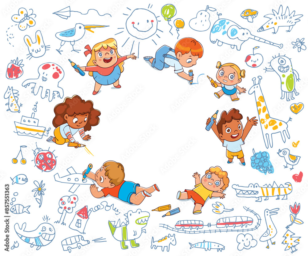 Set of baby doodles. Children draw funny scribbles in the background. Colorful cartoon character. Funny vector illustration. Template for your design
