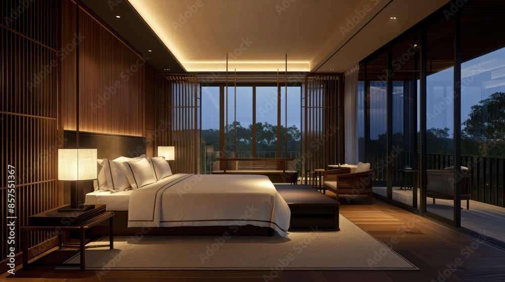 Fototapeta premium Bedroom interior is in the style of a modern luxury hotel resort, with soft bed linen and large glass windows.