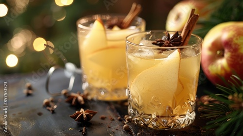 Festive pear cider spice cocktail in two glass cups Great for winter holidays Text space available photo