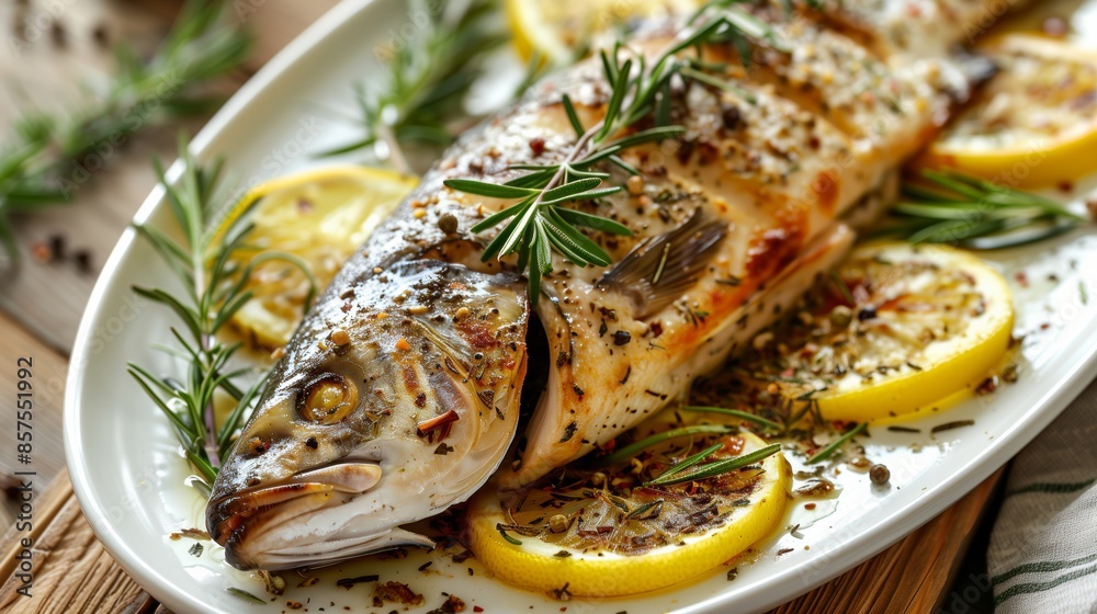 Close-Up of Roasted Whole Branzino with Rosemary and Lemon Slices Close-Up of Roasted Whole Branzino with Rosemary and Lemon Slices