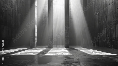 Sunlight streams through pillars in an industrial setting, casting long shadows and highlighting the textured surfaces, representing strength, timelessness, and the beauty of light. photo