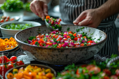 A sleek, modern kitchen with a chef preparing a colorful salad. Concept of contemporary cooking and healthy eating. Generative Ai.