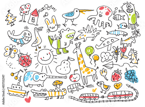 Hand-drawn kids doodle. Children colorful scribbles. Set. Funny cartoon characters. Vector illustration. Isolated on white background. Seamless pattern