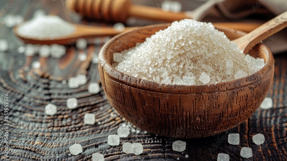 A bowl of sugar is on a wooden table A bowl of sugar is on a wooden table
