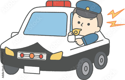 注意をするパトカーに乗った警察官