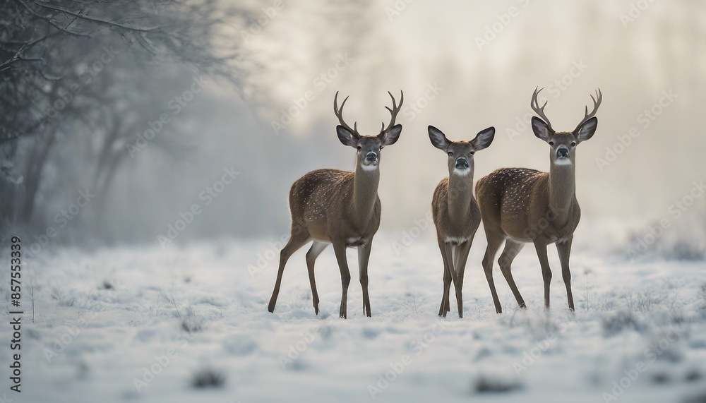 Two white-tailed deer walk side by side in a snowy field, alert and curious about their surroundings, traversing the winter landscape together. Two white-tailed deer walk side by side in a snowy field, alert and curious about their surroundings, traversing the winter landscape together.