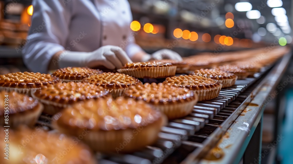 A close-up view of a conveyor belt featuring rows of shiny glazed pastries as they move through an industrial baking process. Workers in hygienic clothing are seen in the background A close-up view of a conveyor belt featuring rows of shiny glazed pastries as they move through an industrial baking process. Workers in hygienic clothing are seen in the background