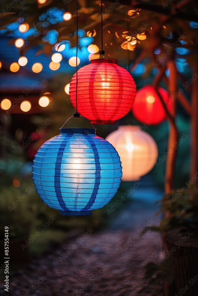 Fototapeta premium Red, white, and blue lanterns lighting up a garden, Independence Day, festive atmosphere