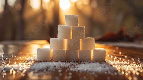 A pile of sugar cubes on a table photo