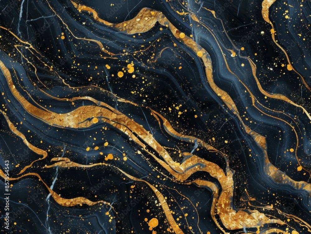 Black and gold abstract marble pattern with fluid gold streaks and splatters on dark background, creating a luxurious, dynamic, and elegant visual effect.