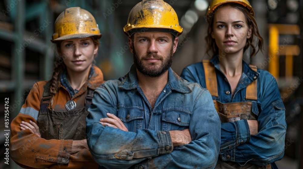 A determined group of industrial workers in worn safety gear, standing firm and resolute, representing resilience and hard work in a gritty construction setting. A determined group of industrial workers in worn safety gear, standing firm and resolute, representing resilience and hard work in a gritty construction setting.