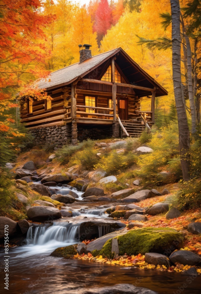 cozy rustic cabin nestled vibrant autumn forest clearing, trees, foliage, leaves, nature, peaceful, serene, tranquil, wooden, structure, isolated, getaway cozy rustic cabin nestled vibrant autumn forest clearing, trees, foliage, leaves, nature, peaceful, serene, tranquil, wooden, structure, isolated, getaway