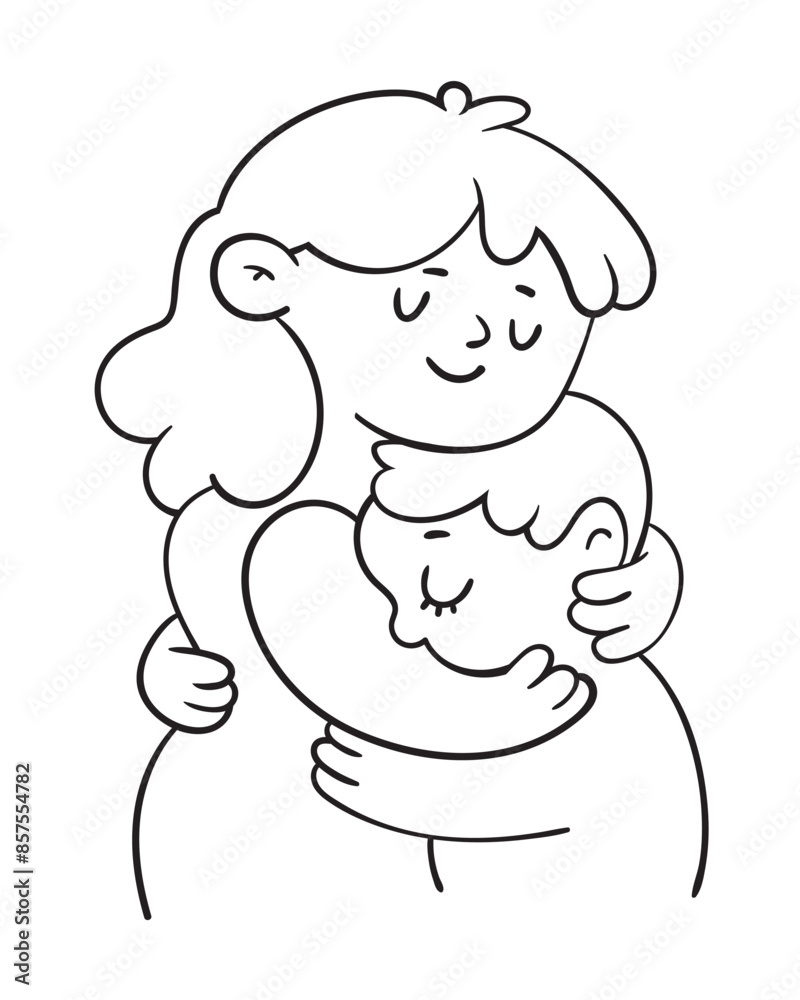 Care logo. Mother hugging her child. Black and white cartoon character. Vector illustration. Isolated on white background Care logo. Mother hugging her child. Black and white cartoon character. Vector illustration. Isolated on white background