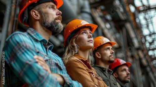 A group of focused workers in orange safety helmets, standing together at a construction site, embodying teamwork and dedication in an industrial setting. photo