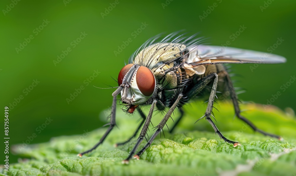 Macro Shot of Common Housefly on Green Leaf Macro Shot of Common Housefly on Green Leaf