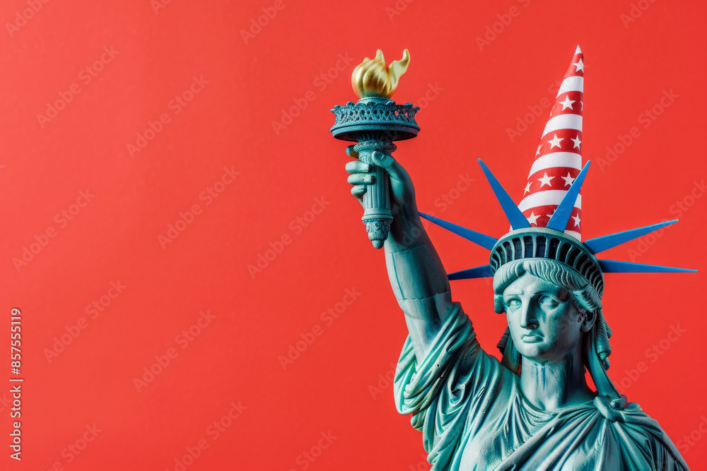 Fototapeta premium The statue of Liberty wearing a celebration party hat. American 4th July celebration event