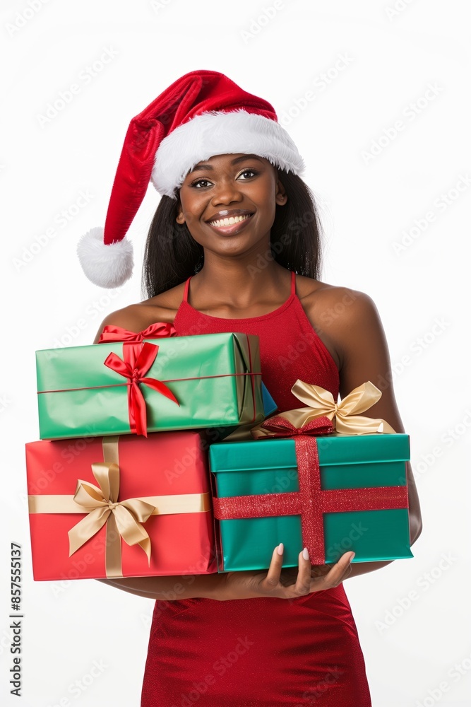 A joyful woman in a Santa hat spreads happiness and joy among presents, filling the festive holiday atmosphere with delight and Christmas spirit. Her smile brings cheer and celebration A joyful woman in a Santa hat spreads happiness and joy among presents, filling the festive holiday atmosphere with delight and Christmas spirit. Her smile brings cheer and celebration