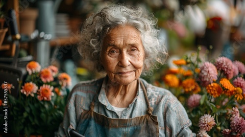 An elderly woman with a kind face and curly hair wearing an apron, surrounded by blooming flowers, suggesting a tranquil and passionate gardening environment.