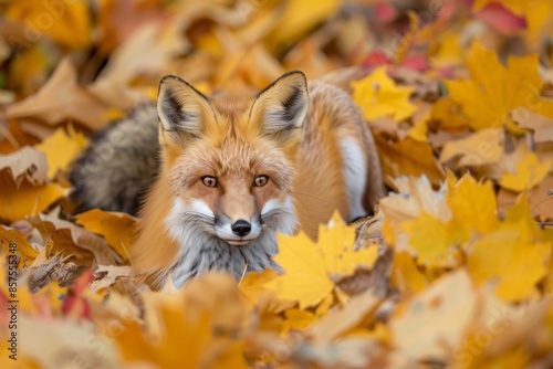 red fox in autumn foliage