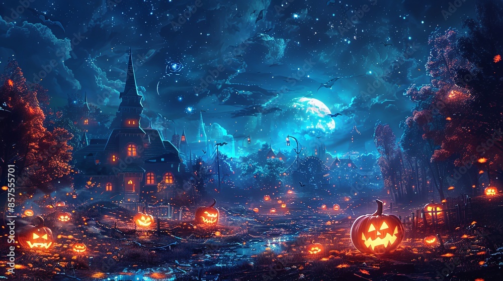 A dark and eerie night scene with a spooky mansion surrounded by glowing jack-o-lantern pumpkins, under a moonlit sky with scattered fog and shadowy trees. A dark and eerie night scene with a spooky mansion surrounded by glowing jack-o-lantern pumpkins, under a moonlit sky with scattered fog and shadowy trees.