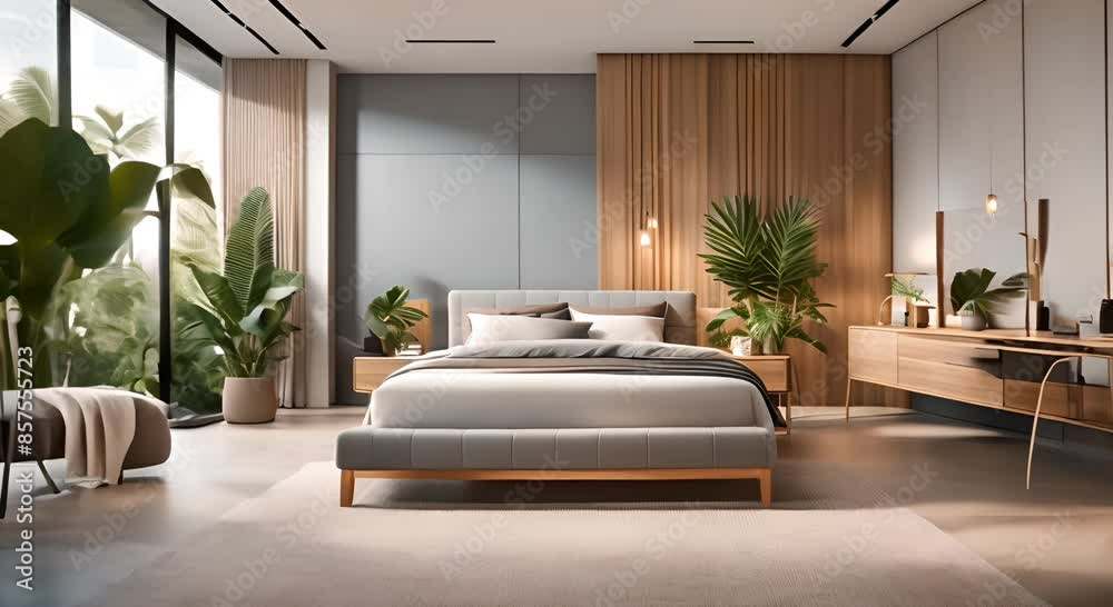 Modern bedroom interior in apartment with bed and tropical plants Modern bedroom interior in apartment with bed and tropical plants