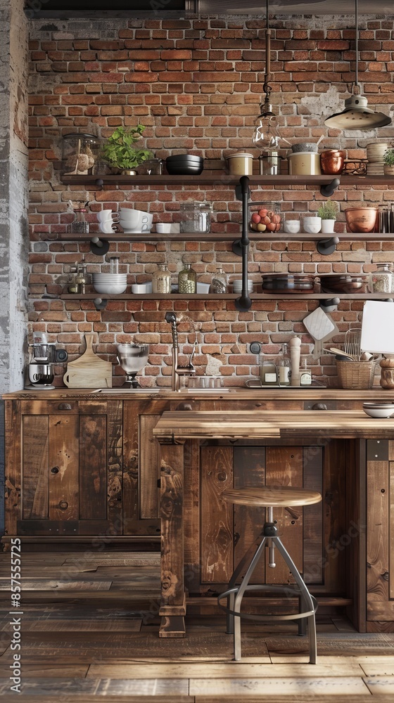 Rustic kitchen interior with exposed brick wall and wooden furniture, warm and cozy home cooking concept Rustic kitchen interior with exposed brick wall and wooden furniture, warm and cozy home cooking concept