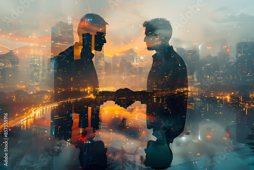 Silhouette of two businessmen shaking hands for cooperation, harmony and conclusion of contractual relationship with city background with many buildings photo