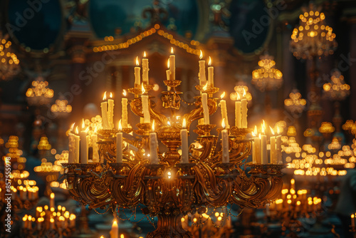 An ornate candelabra with flickering candles, creating a warm ambiance. Concept of historical lighting and romance. Generative Ai. © Sebastian