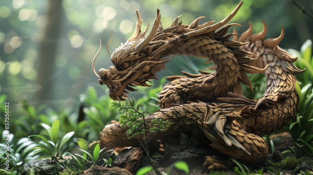 Majestic Wooden Dragon Sculpture in Lush Greenery, Generative AI
