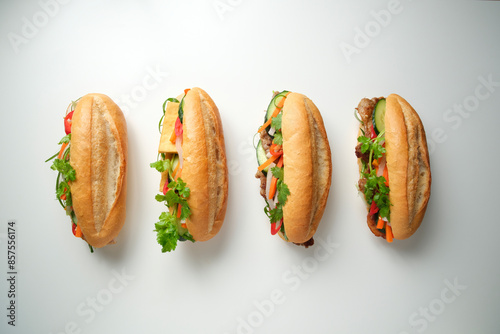 Top-down shot of four banh mi lined up on blank background