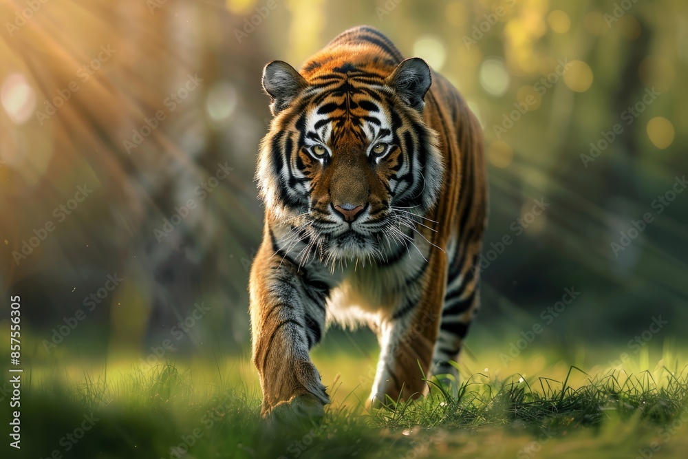 Fototapeta premium Majestic Bengal Tiger Walking Through a Lush Forest