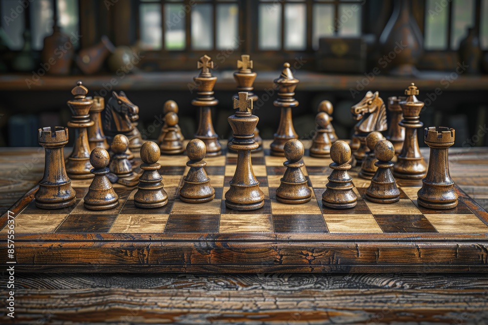 A hand-carved wooden chess set mid-game. Concept of strategic games and intellectual pursuit. Generative Ai.