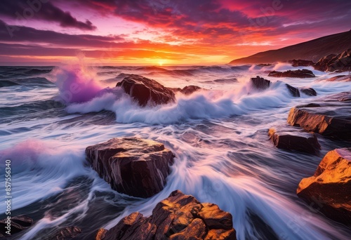 powerful waves crashing rocky beach scenic seascape view, ocean, rocks, shore, coastline, cliffs, water, rugged, boulders, dynamic, natural, outdoors, landscape