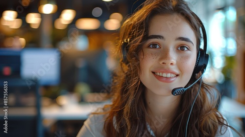 Professional Call Center Operator in Action: Young Female Using Hands-Free Headset to Assist Client from Office © hisilly