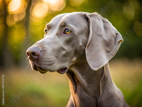 Wallpaper Mural A Beautiful Weimaraner Dog With A Striking Gaze And A Sleek Silver Coat Standing In A Field Of Tall Grass At Sunset. Torontodigital.ca