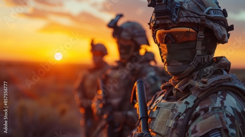 Sunset Vigilance: Two Special Forces Soldiers in Full Protective Gear Standing Outdoors