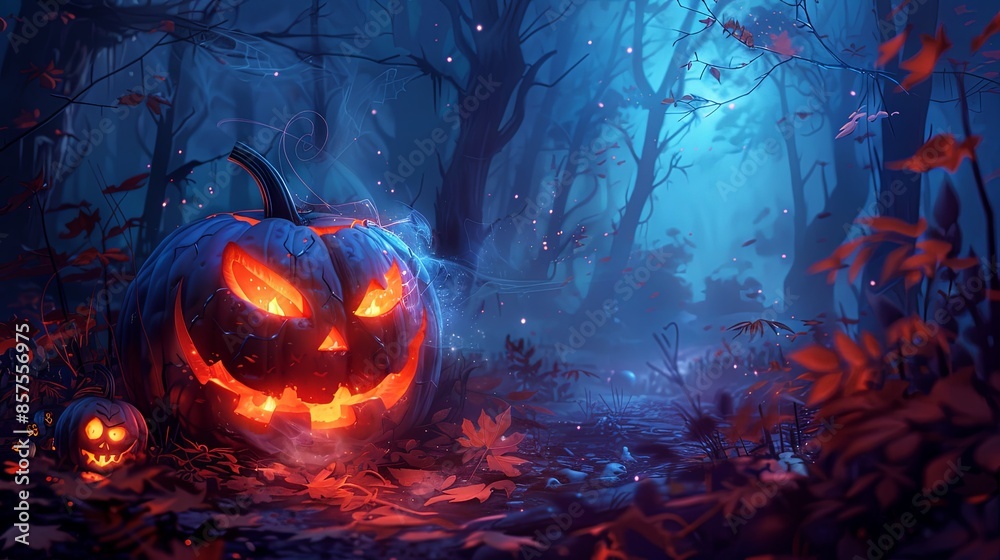 Mysterious, glowing Jack-o'-lanterns illuminate a dark forest night with eerie mist and fallen autumn leaves surrounding, creating an enchanting haunted vibe. Mysterious, glowing Jack-o'-lanterns illuminate a dark forest night with eerie mist and fallen autumn leaves surrounding, creating an enchanting haunted vibe.