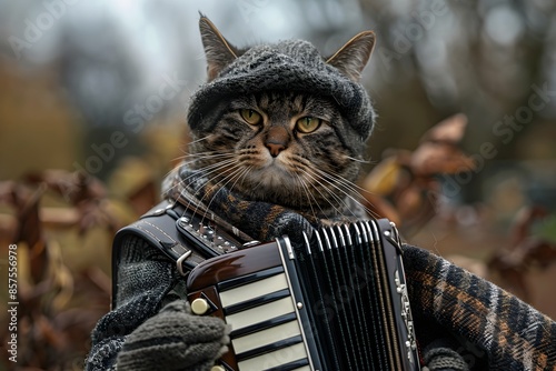 A cat wearing a hat and winter clothes like a commoner playing the accordion